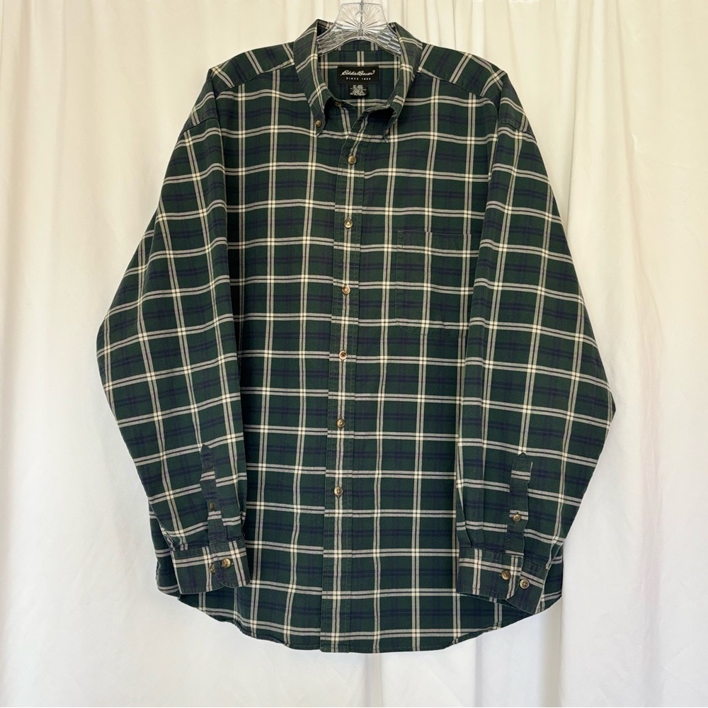 Eddie Bauer Button Down‎ Shirt Men's XXL  Green Plaid Long Sleeve 100% Cotton